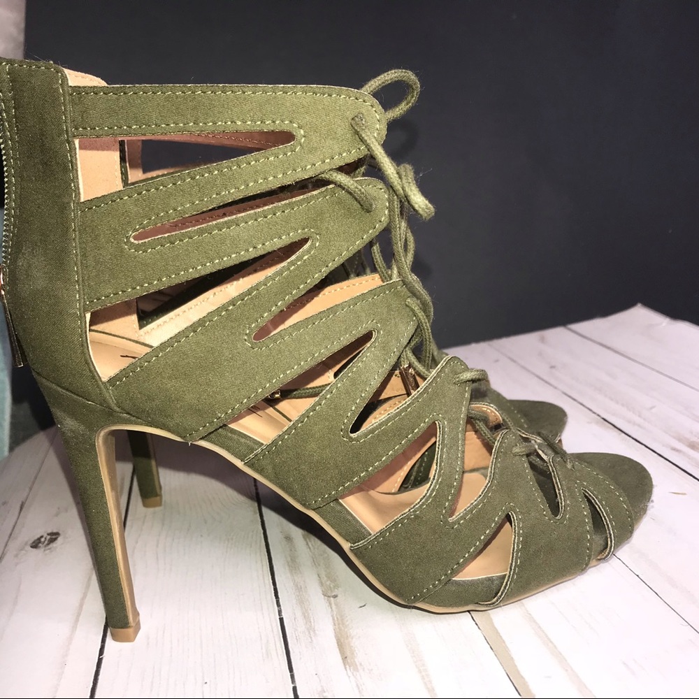 Olive green faux suede heels
